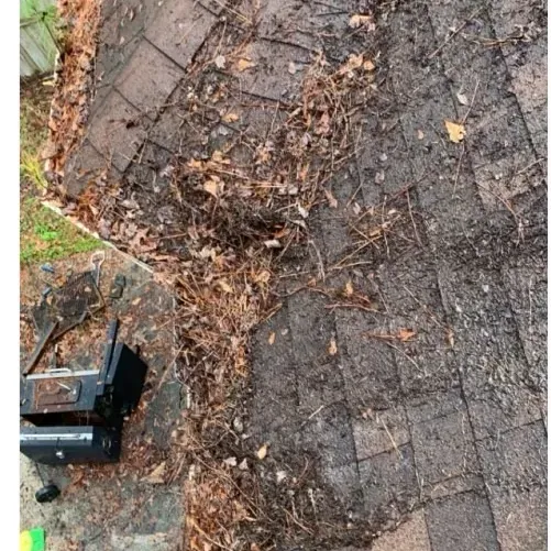 Leaf- and debris-clogged gutter before cleaning